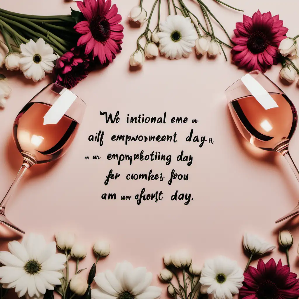 A flat lay arrangement featuring engraved wine glasses surrounded by flowers and empowering quotes, honoring International Women's Day. Keywords: Chic, empowerment, celebration. Camera: DSLR. Lens: Prime lens. Post Processing: Soft focus.