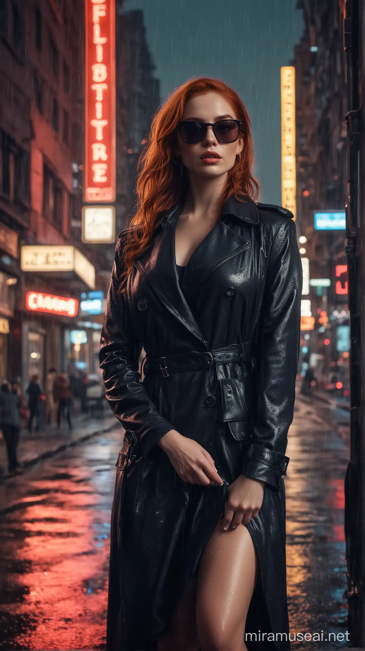 CrA captivating cinematic image of a stunning red-haired woman wearing sunglasses in a detective-style outfit. She stands confidently with her hand resting on her hip, holding a mysterious sign with intriguing captions: "@_fatos_desconhecidos__". The background is a dimly lit, rain-soaked cityscape with neon signs and a sense of intrigue. The overall atmosphere of the photo is a blend of mystery, action, and urban noir. Image with size 4 x 4 