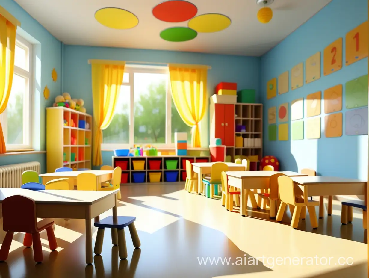 комната  детского сада в летний солнечный день где играют дети 