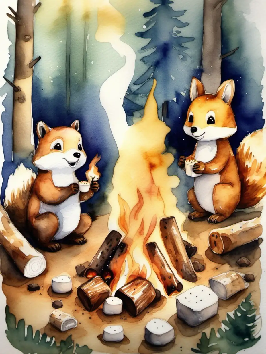 Adorable forest animals, roasting marshmellows over a camp fire, watercolour

