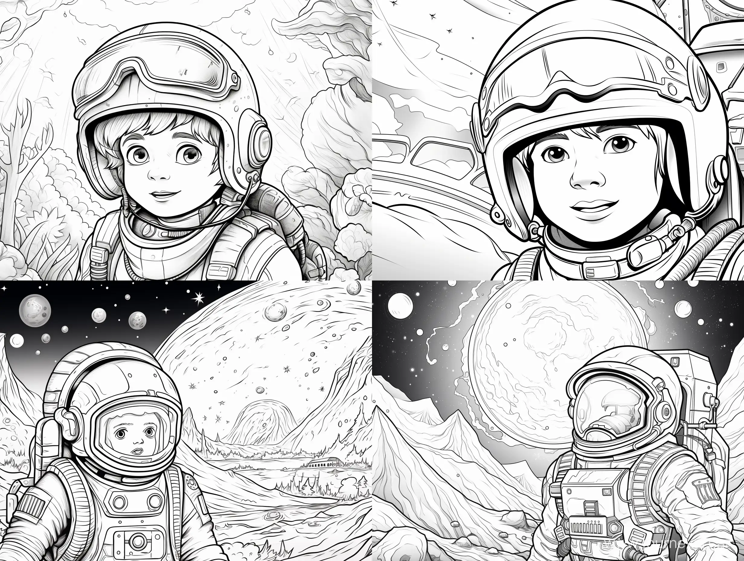 coloring page. low detail, children space journey