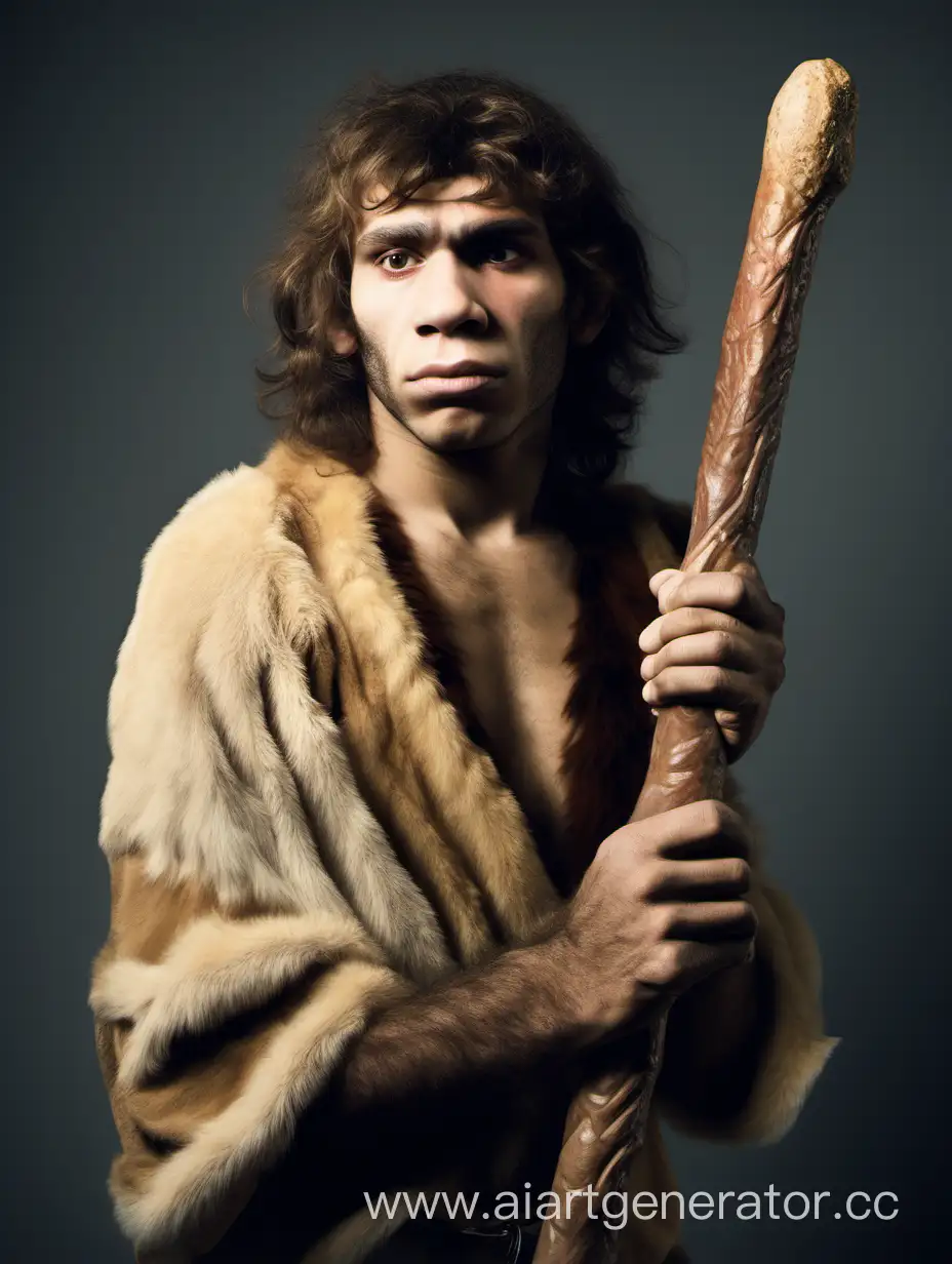 young neanderthal man holding a truncheon on his shoulder