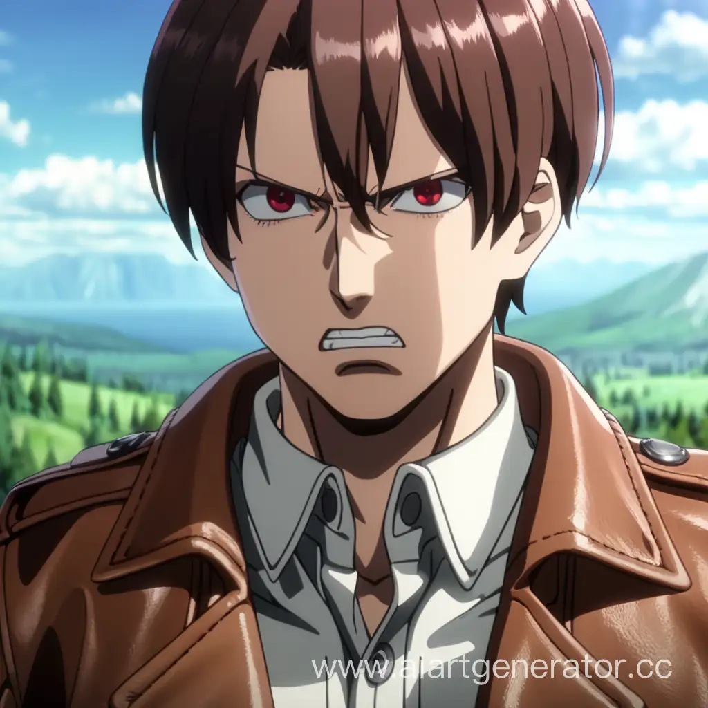 attack on titan screencap of a male with brown hair, white skin, red eyes, angry face. scenery is nature. he is wearing a shirt and leather jacket. MAPPA studios season 4 screencap.