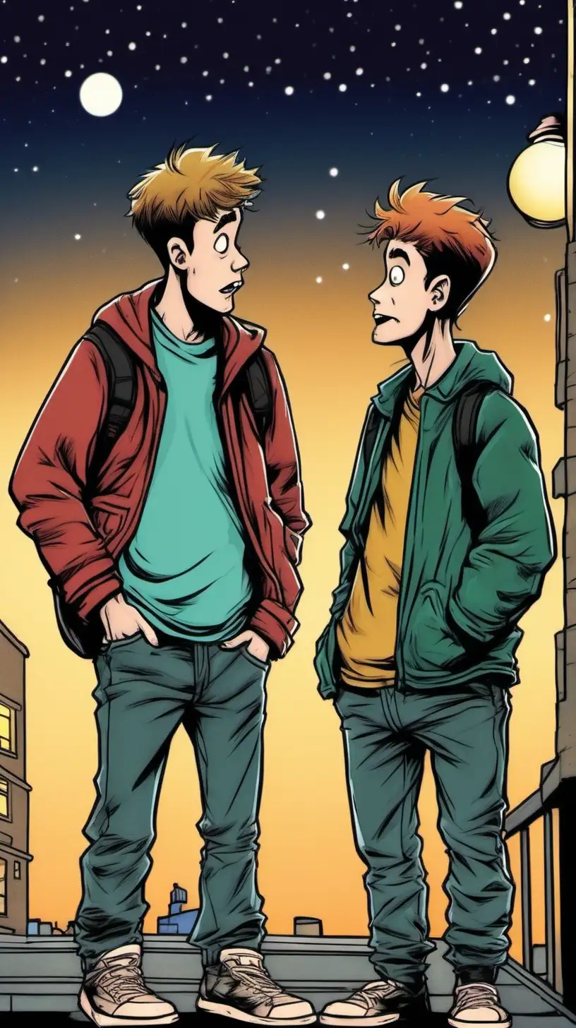cartoony,  color.  Full frame, wide profile.  Two young guys talking at night.