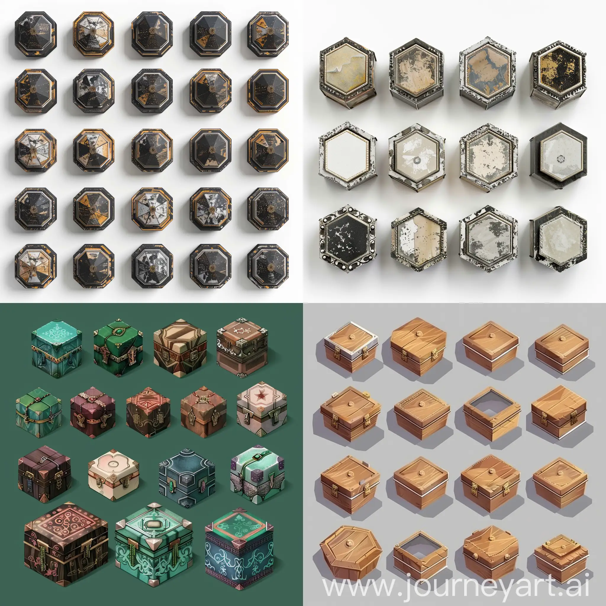 isometric set of worn realistic pentagonal jewelry boxes , isometric set, side view --chaos 20