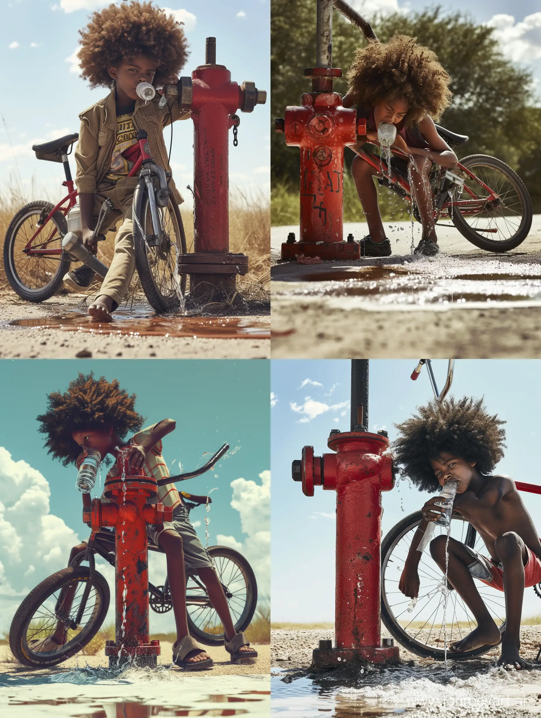 Young  african  boy with an afro drinking water from a red water hydrant on a sunny day. He legs are on either side of his bicycle which is leaning on the water hydrant.  His right hand is resting on a metal post. And theres spilt water on the ground from the gushing water hydrant.
