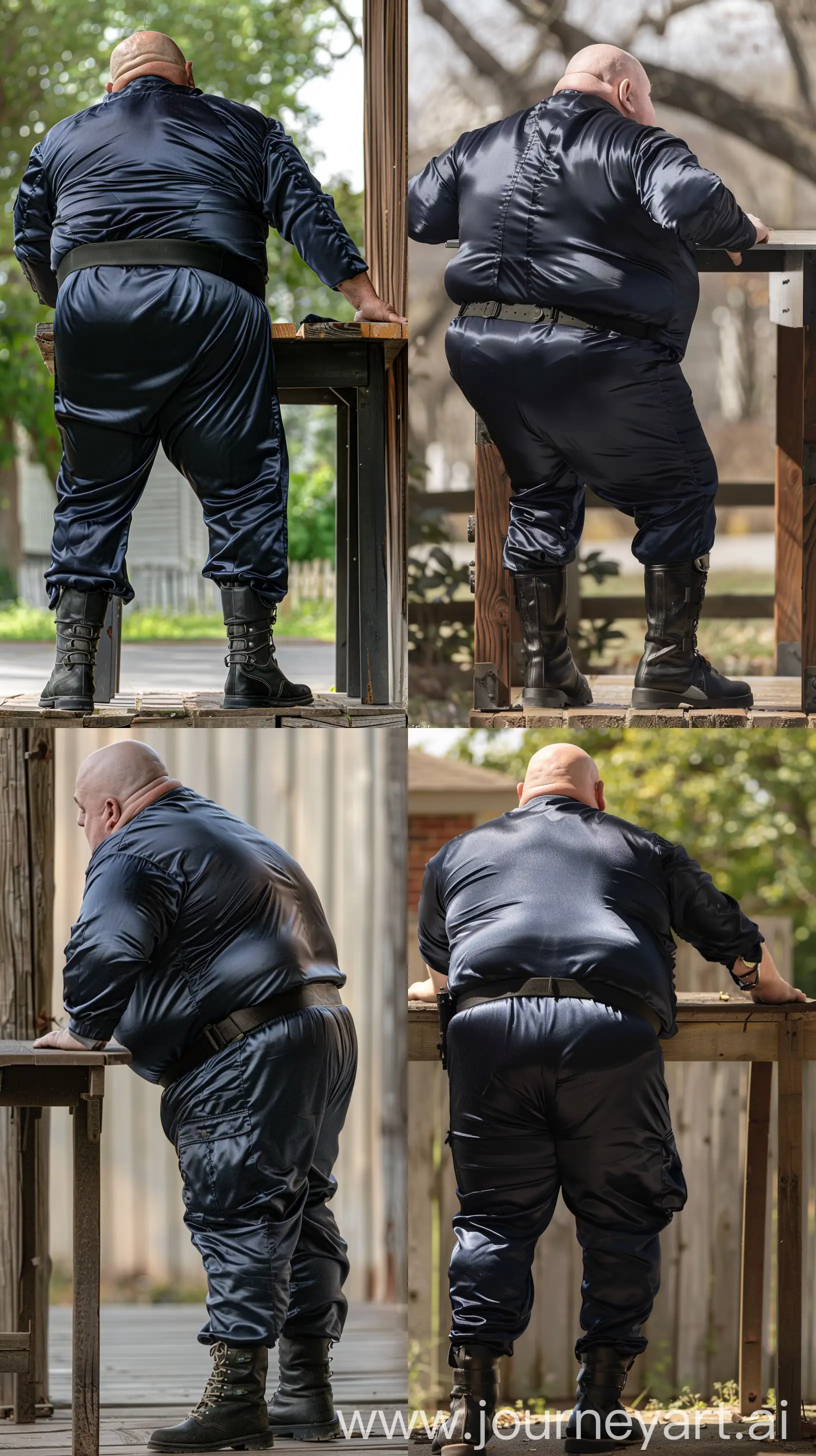 Close-up full body back view photo of a very fat man aged 60 standing next to a very high table. The man is wearing silk navy tight battle coverall in black tactical boots and a black tactical belt. Legs straight and leaning forward on both hands placed on the table. Outside. Bald. Clean Shaven. Natural light. --ar 9:16