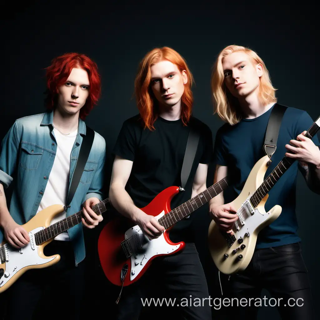 make a cover for a band with one guitarist with shoulder-length red hair, another guitarist with shoulder-length blonde hair, and a drummer with short hair