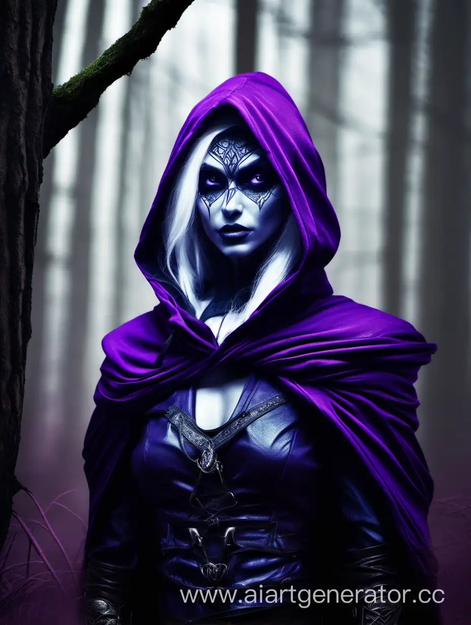 Enchanting-Female-Drow-Portrait-in-a-Mystic-Purple-Hood-within-a-Lush-Forest