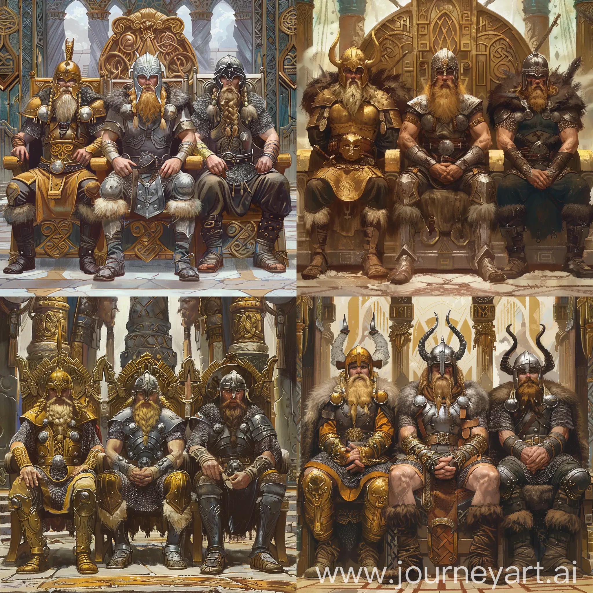 Norse-Deities-Freyr-Thor-and-Tyr-on-Thrones-in-a-Majestic-Viking-Temple