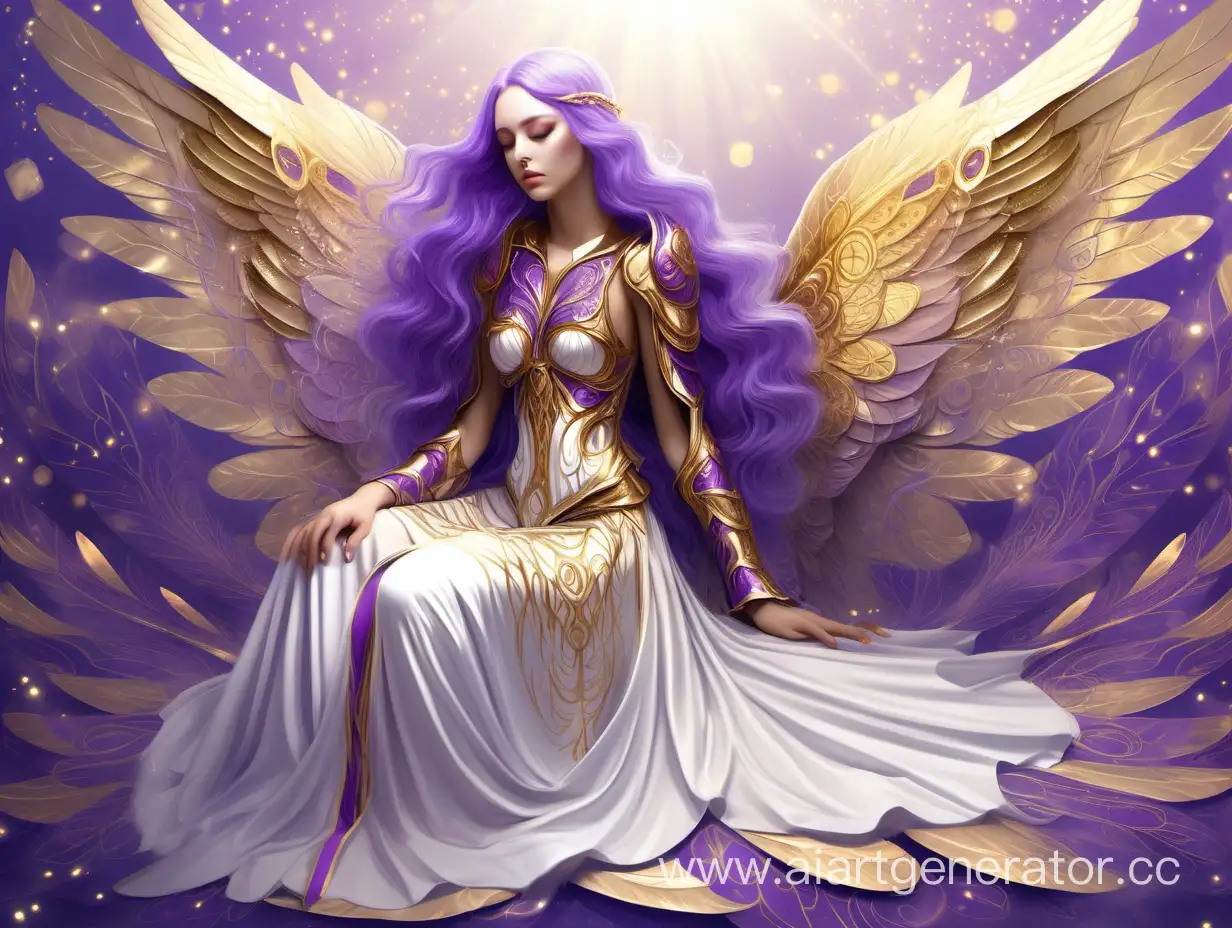 Красивая девушка ангел сидит и мечтает , богиня , блестящее длинное белое платье , пурпурная коса , огромные с золотыми узорами и бронёй фиолетовые крылья , узоры , блеск , мягкие цвета
