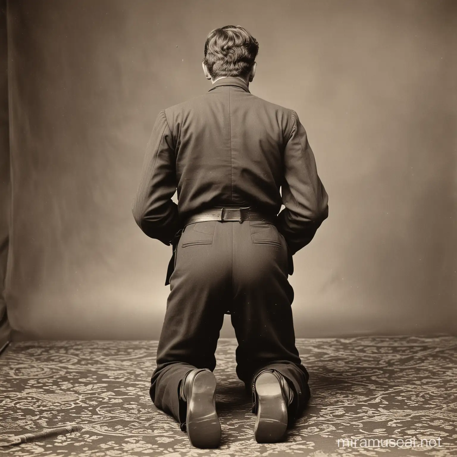 19th century monochrome photo taken in photo studio, full length rear view of a man kneeling on the floor, his back to the viewer