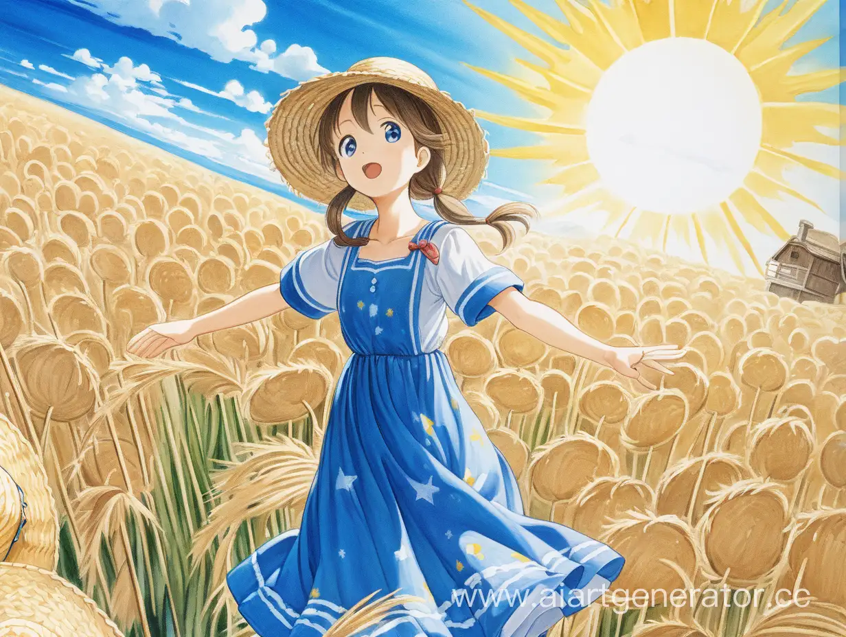 Girl-in-Straw-Hat-and-Blue-Dress-Reaching-for-Sunlight-Nostalgic-Anime-Painting