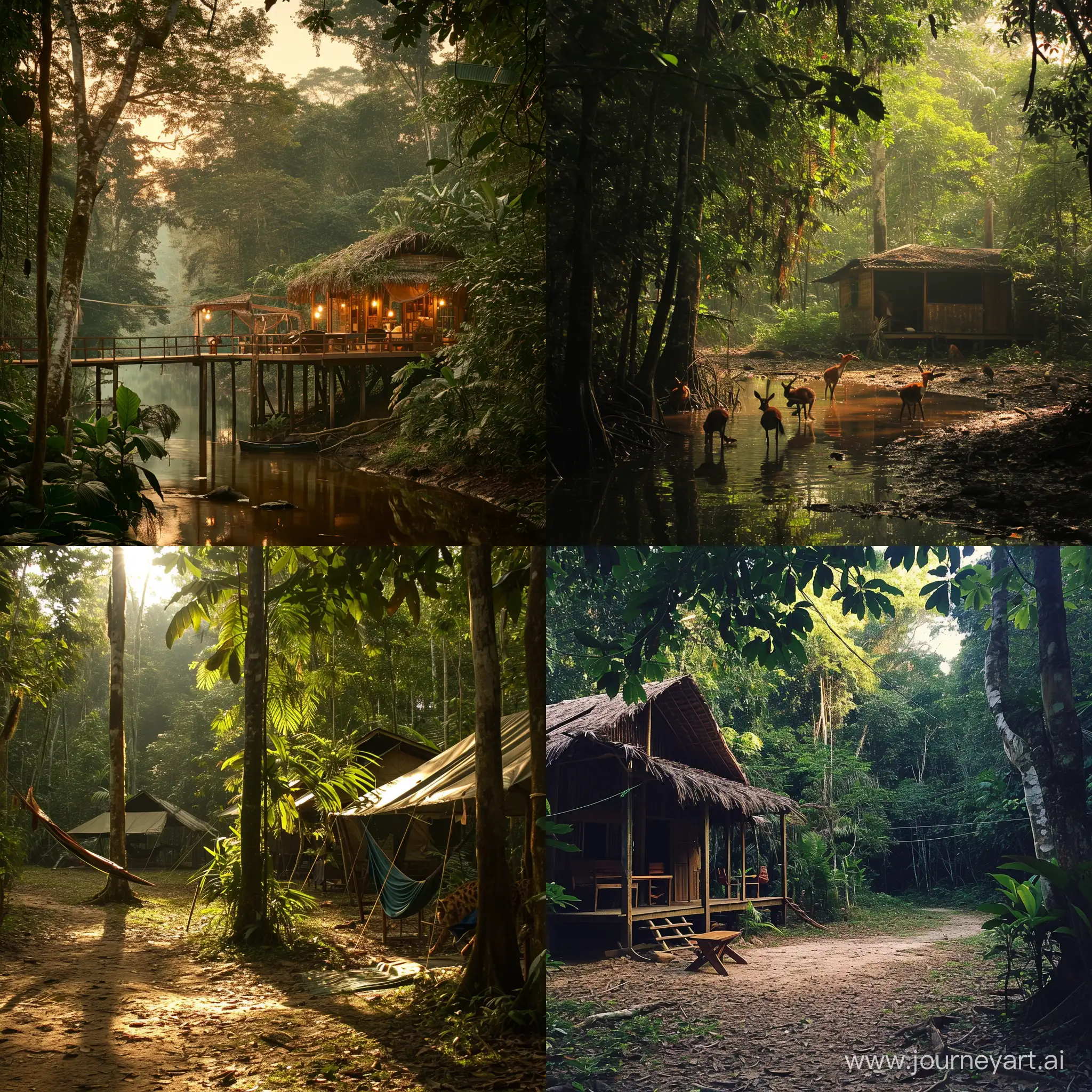 a deep Amazon jungle camp, the chorus of wildlife, the heart of nature beats strongly, poetic
