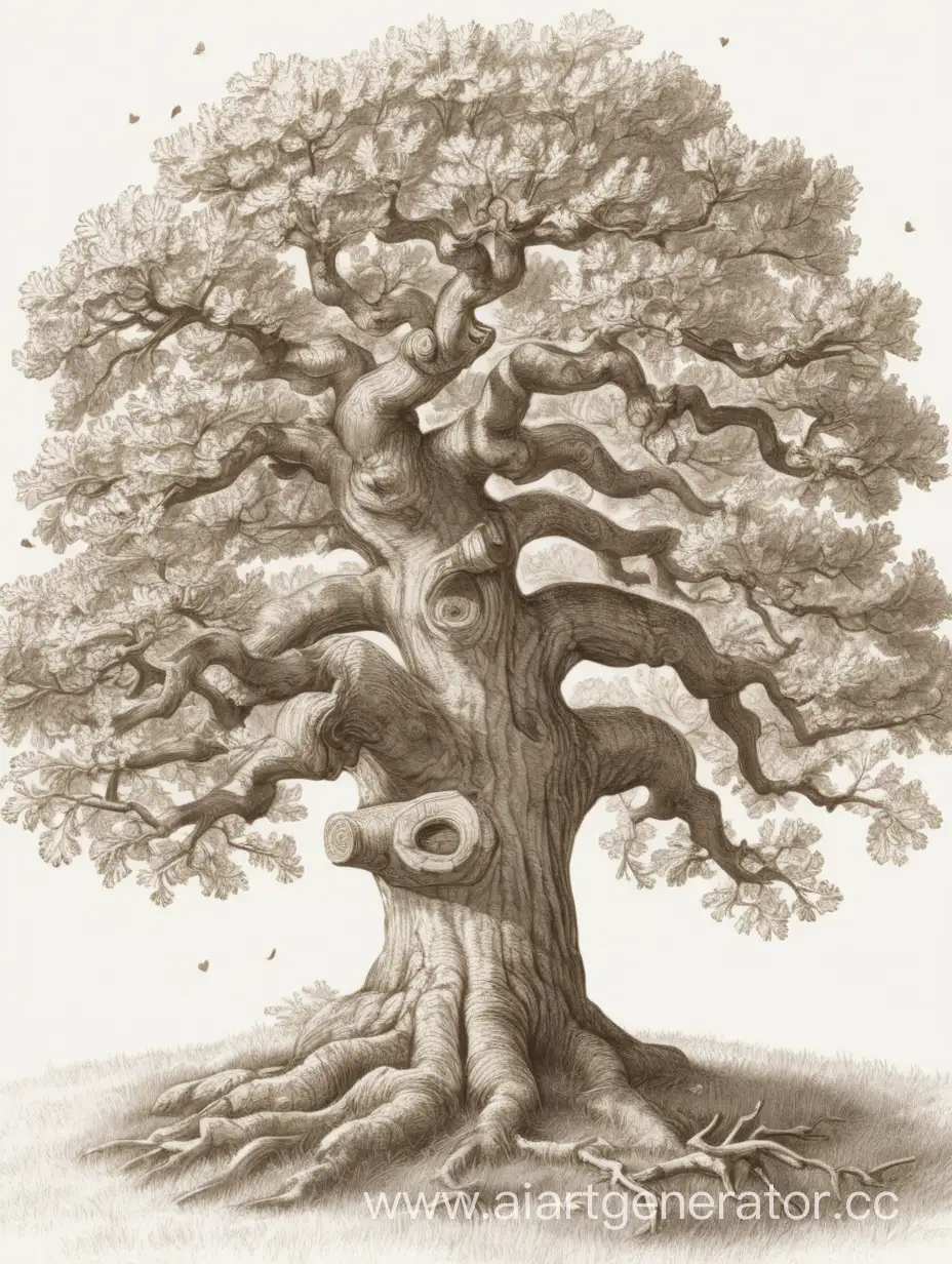 Сгенерировать иллюстрацию для книги на который будет изображен дуб с раскидистыми ветвями широкая кроной как символ долголетия исторической памяти и любви