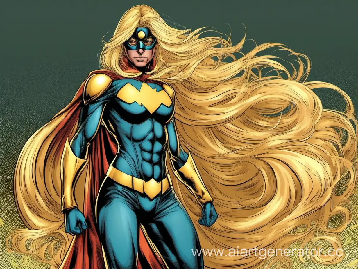 блондинка супергерой в полностью закрытом костюме с открытыми длинными золотистыми волосами и закрытым шлемом лицом