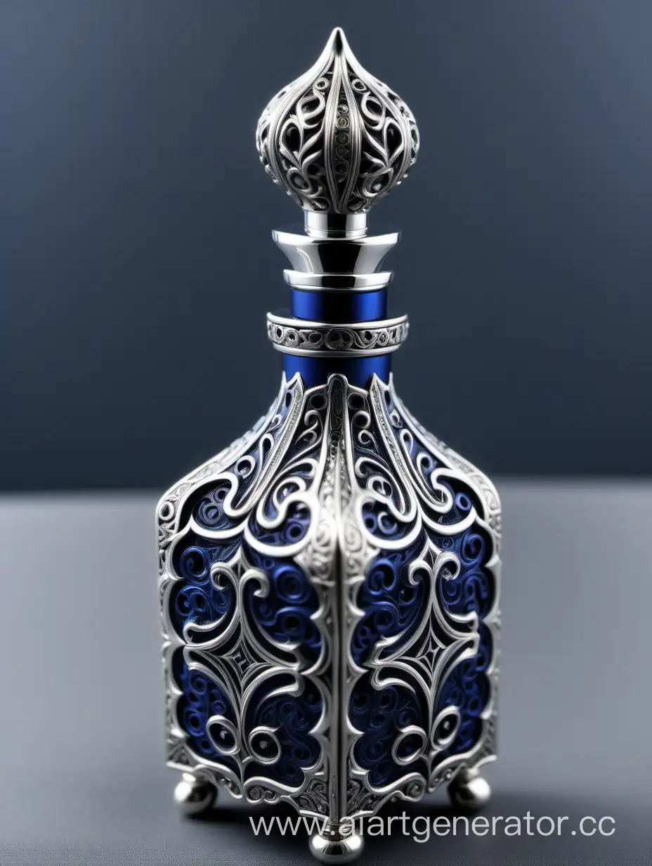 Incredibly detailed, elaborate, embellished potion bottle containing the elixir of life decorative ornamental Zamac Perfume cap, and bottle Dark blue, silver color with dark black square arabesque pattern shaped | metallizing finish