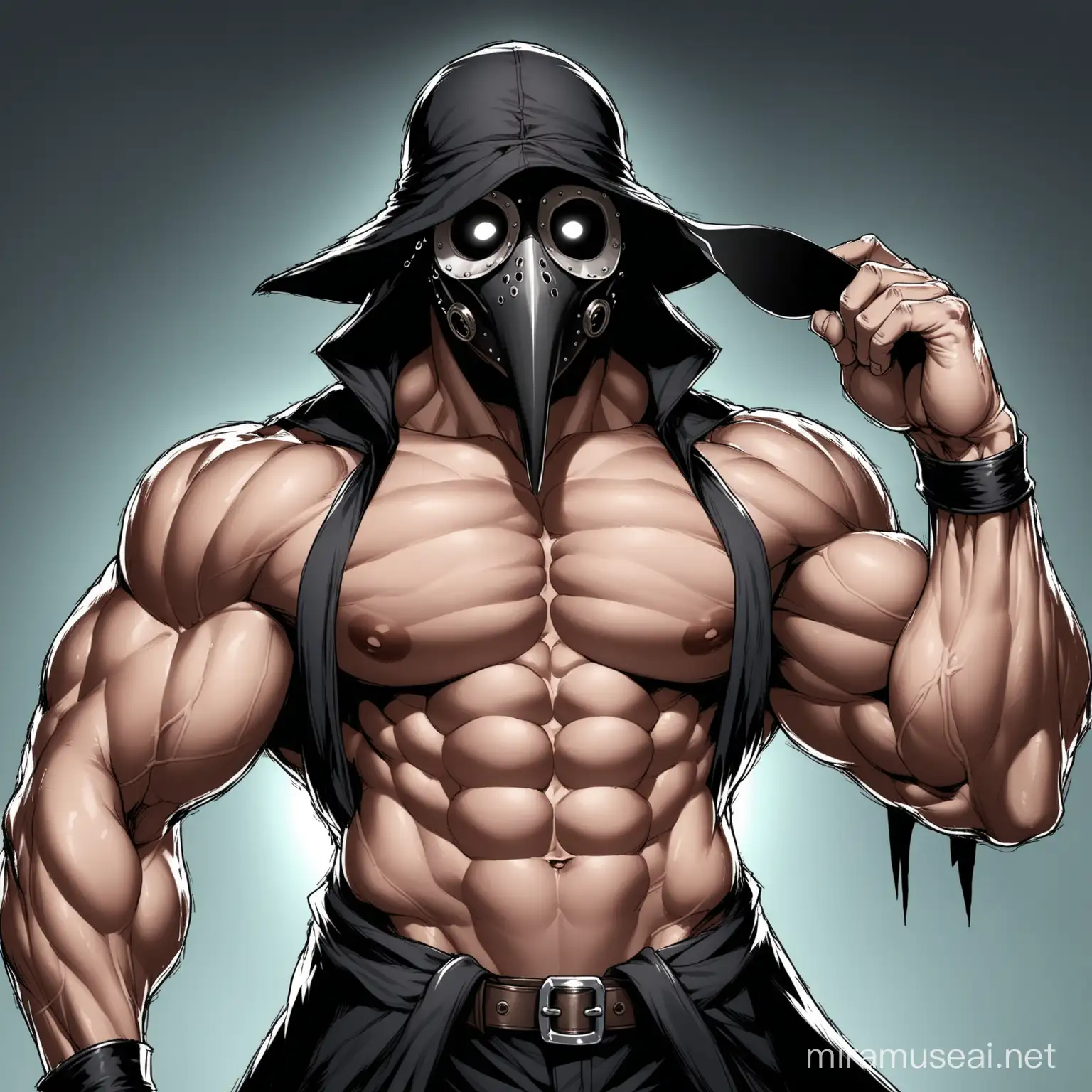 Muscular Wizard in Plague Doctor Mask Displaying Toned Physique
