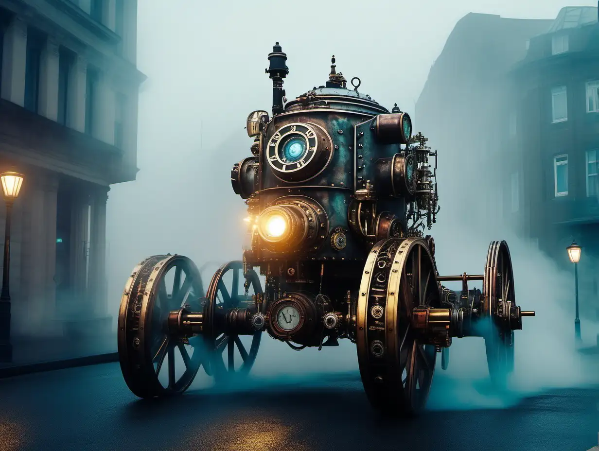 car steamengine steampunk Robot in fog in darkness in city on large street