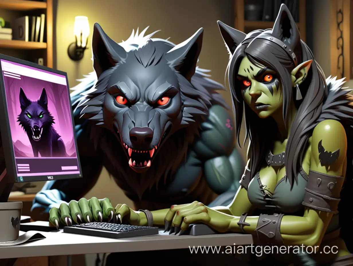 Девочка орк стример сидит за компьютером и рядом черный волк сидит и кушает