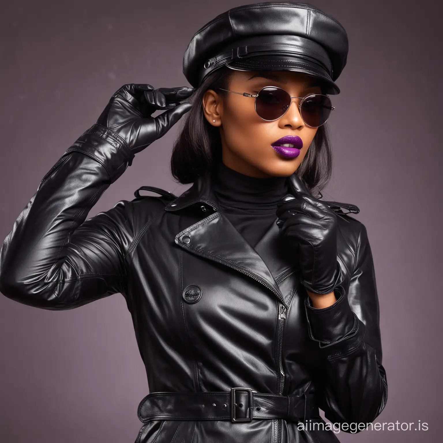 ebony woman in black leather trench coat, leather gloves, sunglasses, purple lipstick, black leather masters cap