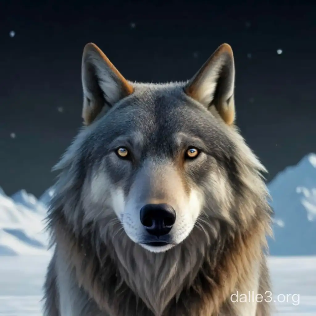 A realistic animation of a wise old wolf, its fur streaked with silver, stares intently with knowing eyes. A backdrop of snow-capped mountains and a starry night sky hint at its connection to the natural world