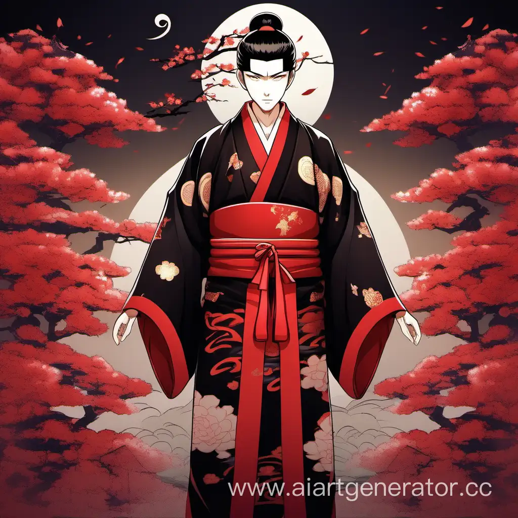 Chinese-God-of-Dreams-in-Striking-Black-and-Red-Kimono