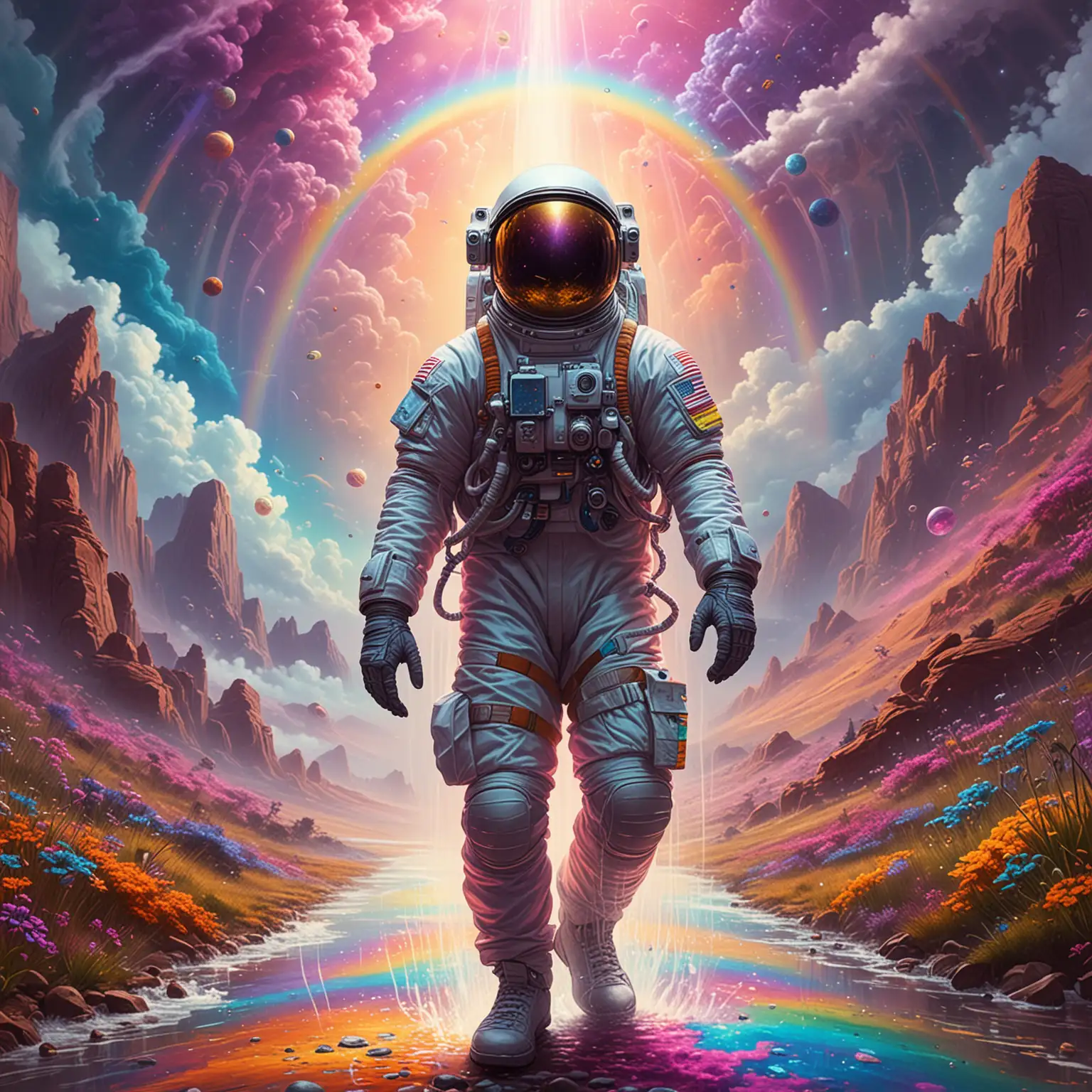 Psychedelic Astronaut with Rainbow Stream in Futuristic World