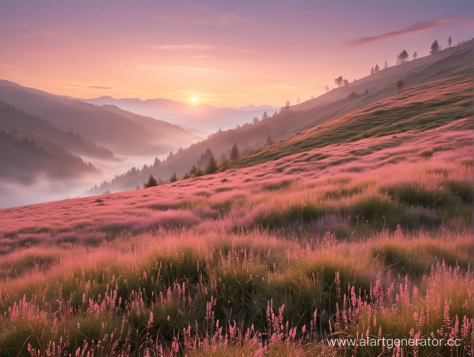 Пологие склоны, горные травы, розовый закат, легкий туман