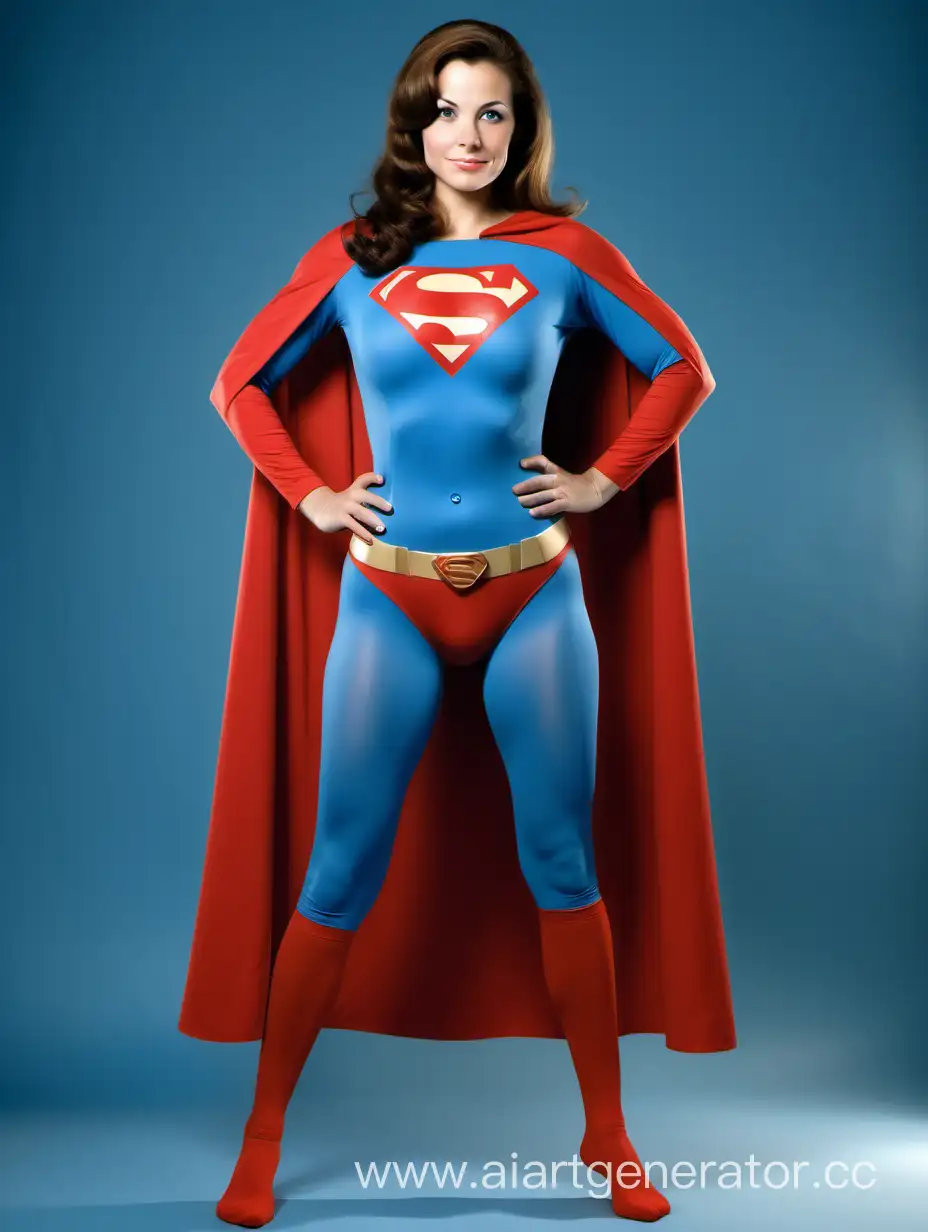 A beautiful woman with brown hair, age 35, She is happy and muscular She is wearing a Superman costume with (blue leggings), (long blue sleeves), red briefs, and a long cape. Her costume is made of very soft cotton fabric. The symbol on her chest has no black outlines. She is posed like a superhero, strong and powerful. Bright photo studio. In the style of a 1960s movie. 
