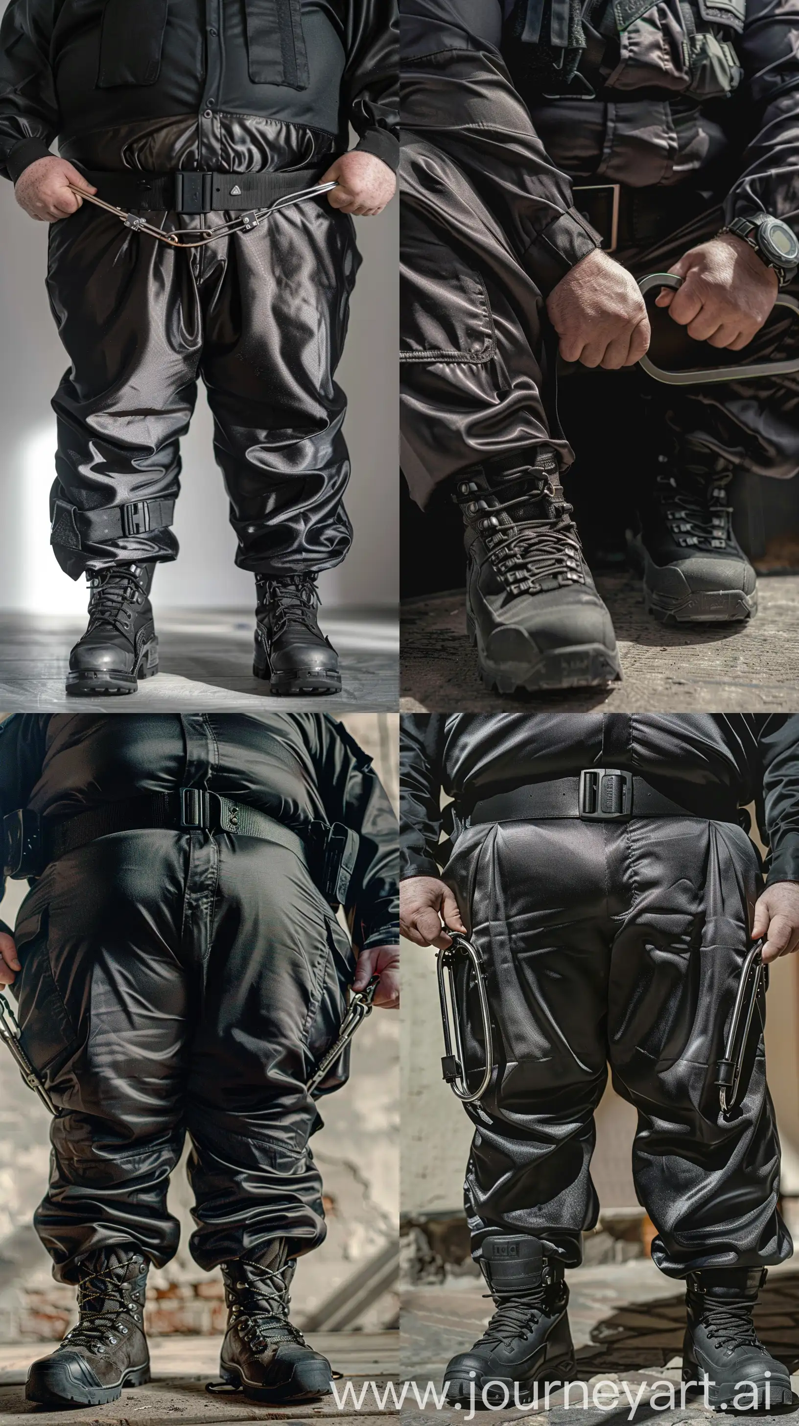 High-angle close-up photo of a fat man aged 60 wearing a silk black security guard skinny-fitted full coverall tucked in black tactical hiking boots. Black tactical belt. Handcuffed. Bald. Clean Shaven. Natural light. --style raw --ar 9:16
