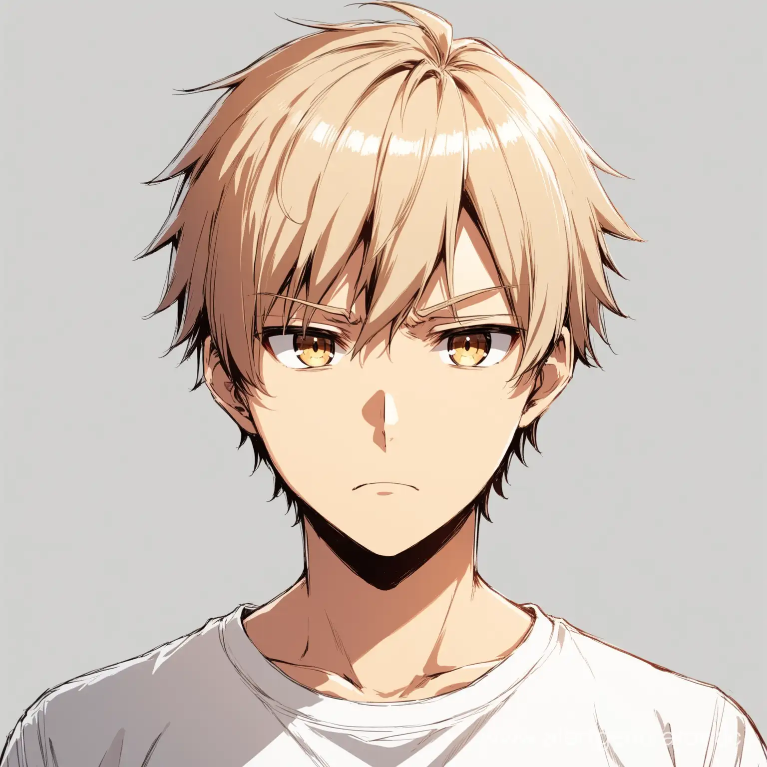 Аниме персонаж, парень со светлыми ухоженными короткими волосами и с карими глазами, в белой футболке, востороженное выражение лица, изолированный объект, чтобы его было видно полностью и на белом фоне.