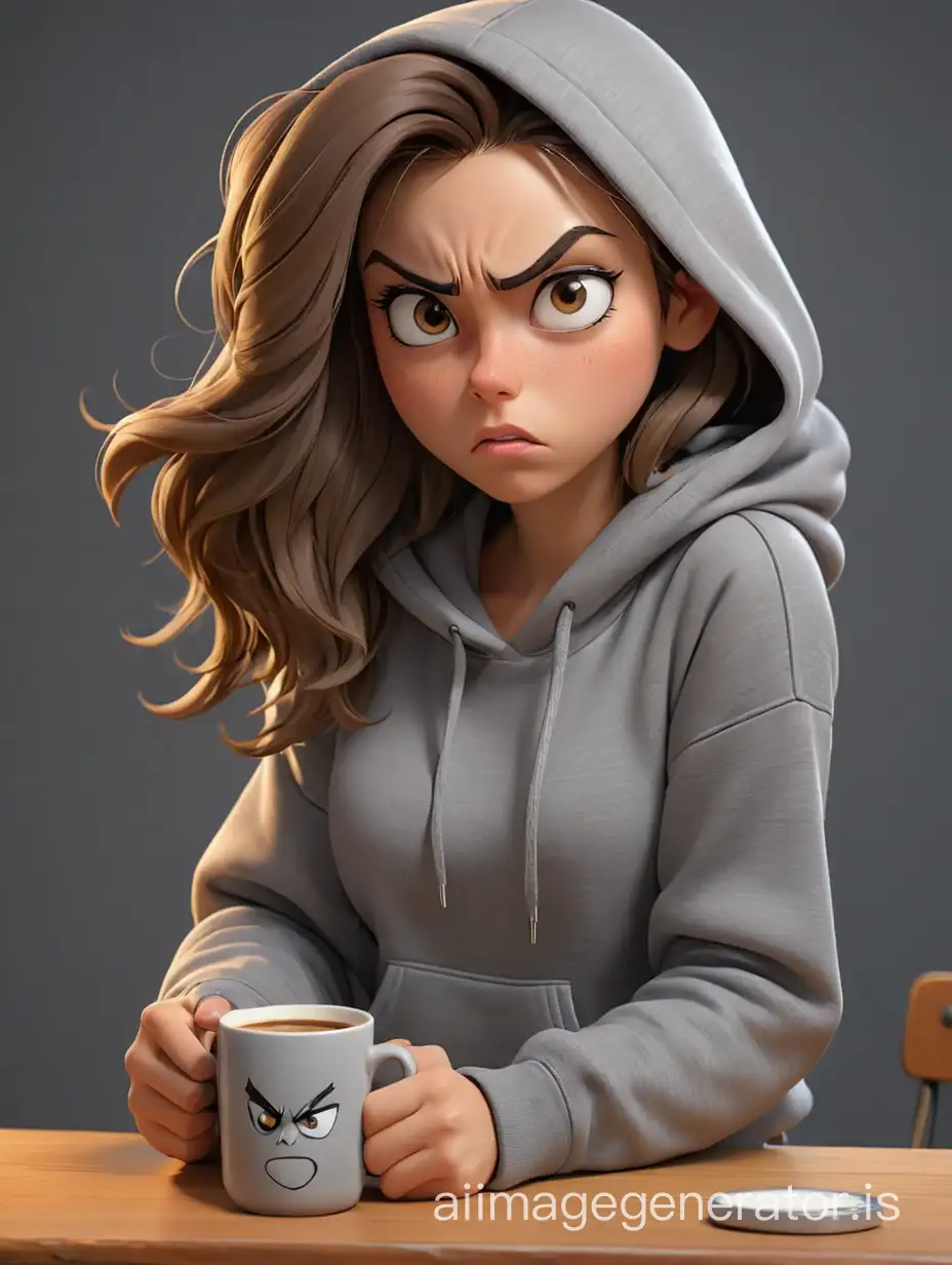 Sad girl in cartoon style, an evil angry arrogant face, whole body, with a mug of morning coffee,  Wearing a grey hoodie, jeans, dynamic pose, maximum detail, best quality, HD, gorgeous light and shadow, detailed design, 3D quality