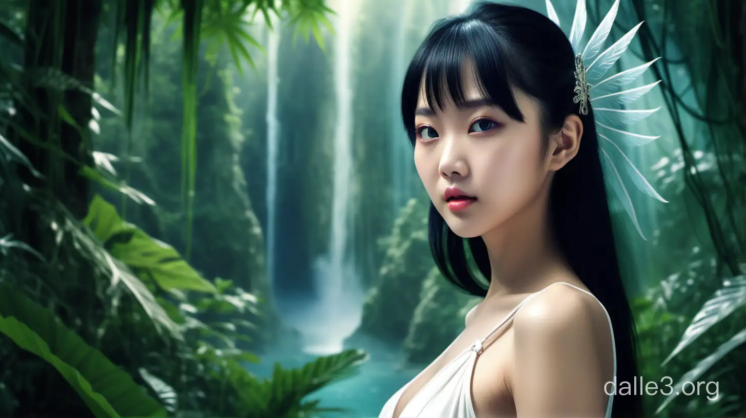 Realistic sci-fi scene, Realistic painting, Highly detailed, Accurate proportions, Natural lighting, Vivid colors, Upper body frontal photo, Cleavage realistic sci-fi scene, Must be a Chinese beautiful, pure and beautiful angel-like beauty, One-piece dress with a graceful figure, Pure and wonderful young woman, Fresh and elegant princess, Tall and perfect figure with a larger bust, Round and full, obviously larger chest, Black straight hair with exquisite beauty in China, Bangs, Hair curtain, Must have a hair curtain, Fair skin, Pure and beautiful eyes, Slim and perfect jawline curve, Small and beautiful lips, Delicate and exquisite five senses, Watery beautiful big eyes, Mysterious and dreamlike beautiful alien jungle, A beautiful natural jungle spectacle like a photo painting, Mysterious and fantasy jungle, Beautiful jungle of paradise, Beautiful jungle of earthly fairyland, Shocking picture, Industrial Light & Magic movie-level quality, Exquisite picture, Highest resolution, Exquisite details, Grand and majestic epic scenes, Beyond imagination grand scenes