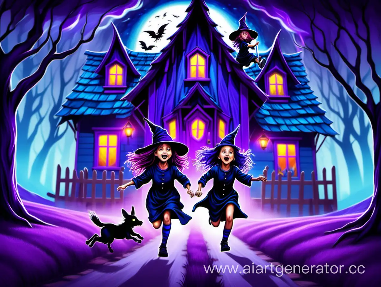 magical house,two witch kids running from the house, purple and blue colors