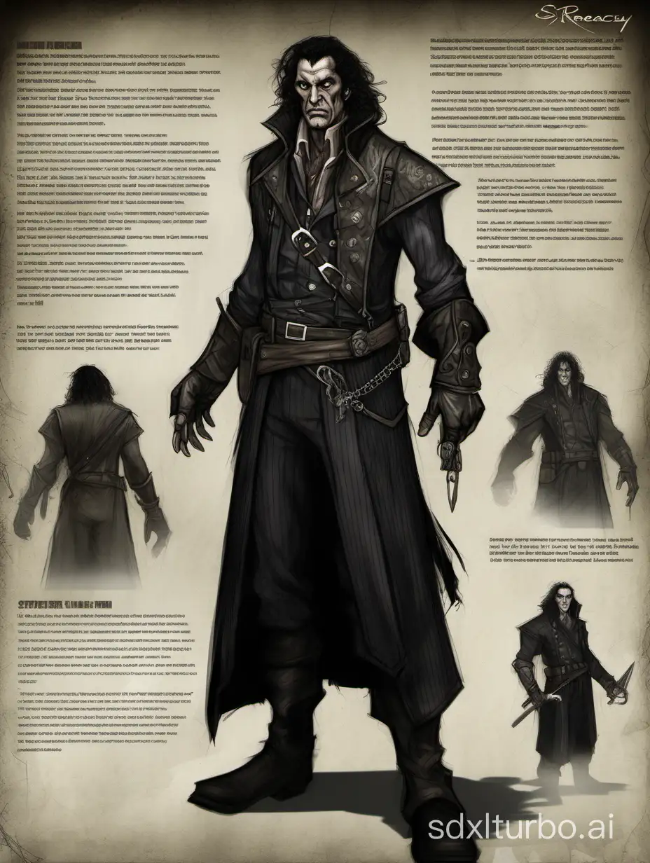 character concept sheet, a 46-year-old Stephen Pearcy rogue:warlock, rough character, serious expression,

dark gritty and moody atmosphere,

wide shot, digital painting, masterpiece, desaturated, darkness,

style of 2016 Ravenloft, style of 2012 Dungeons and Dragons Encounters, by Tyler Jacobson,