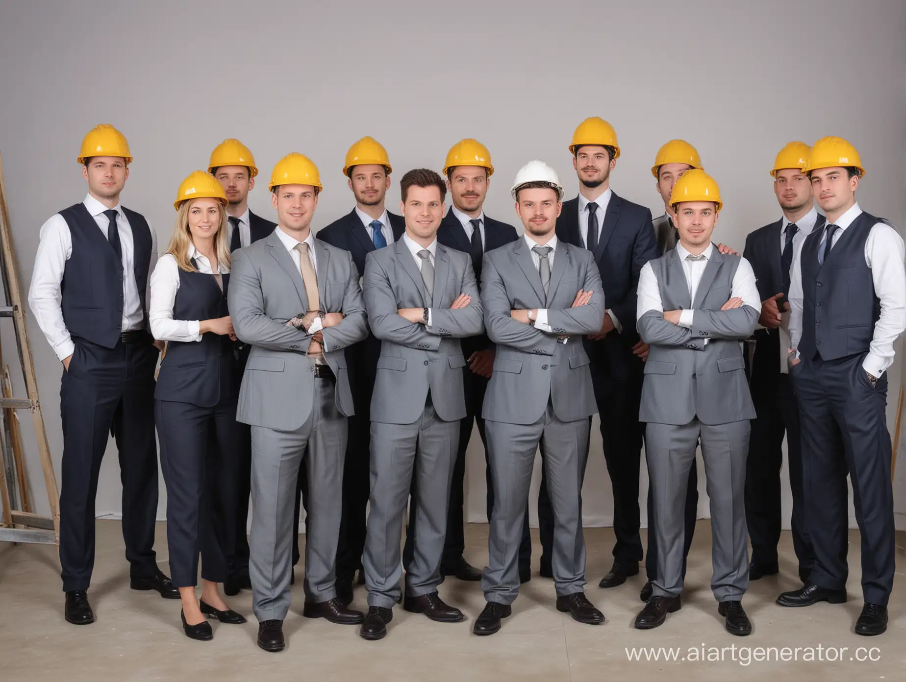 сотрудники строительной компании в строгих костюмах делает общее фото в фотостудии