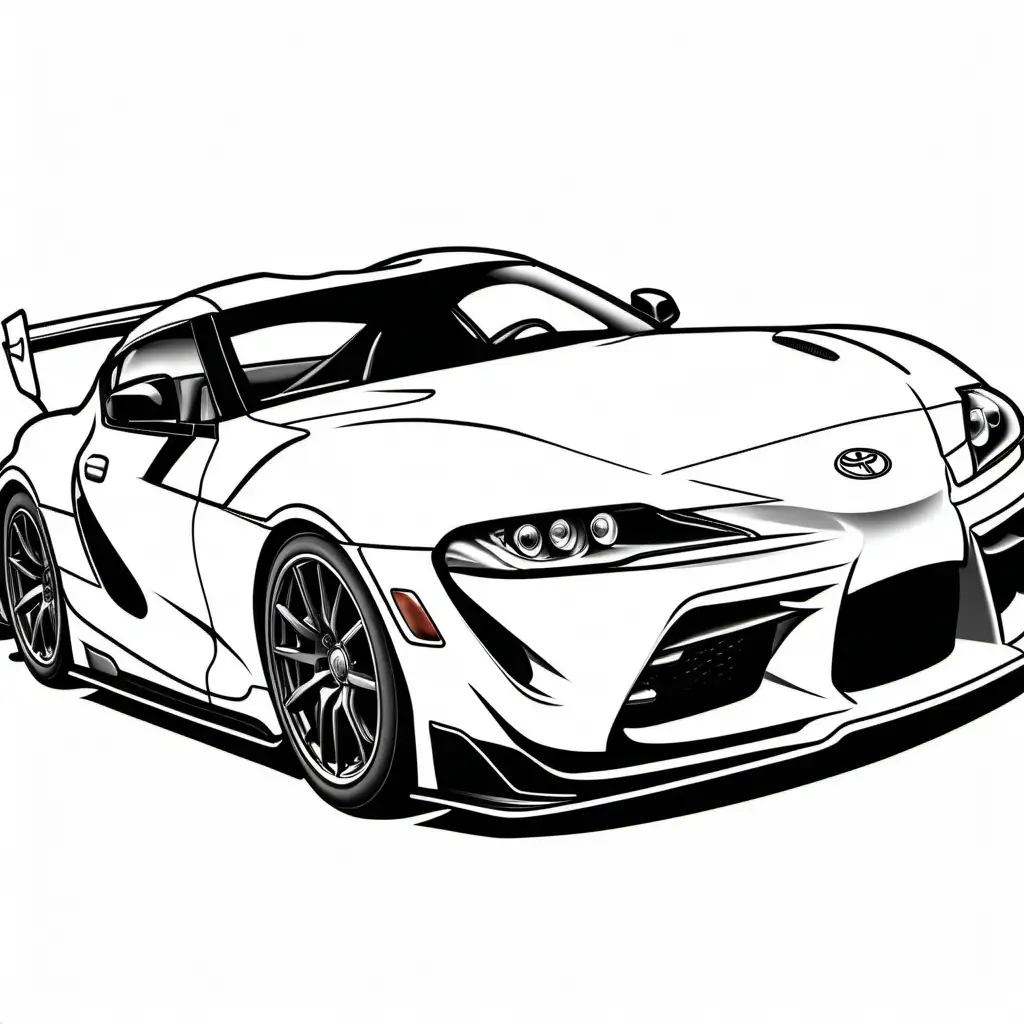toyota supra car racing realistic, Coloring Page, black and white, line art, white background, Simplicity, Ample White Space. The background of the coloring page is plain white to make it easy for young children to color within the lines. The outlines of all the subjects are easy to distinguish, making it simple for kids to color without too much difficulty