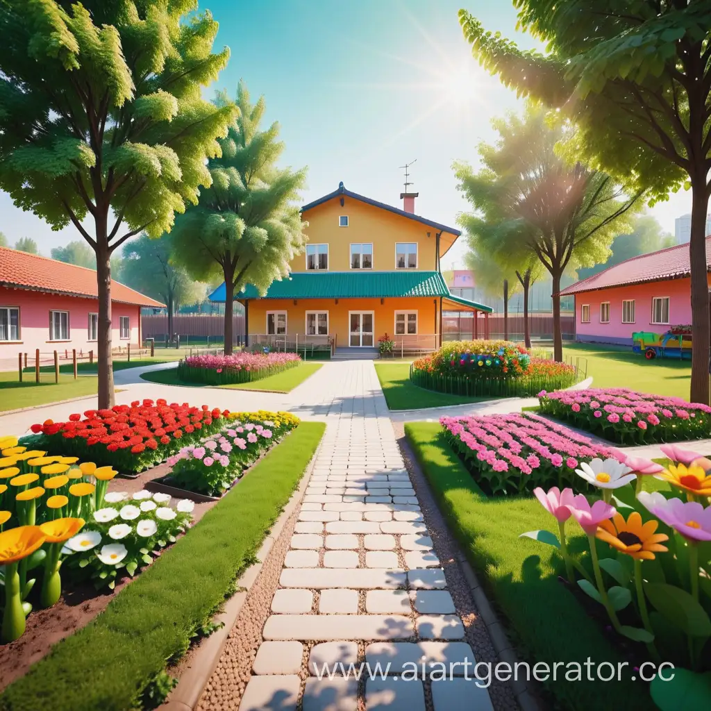 фото экологического детского сада, с цветами и деревьями яркая картинка, сад большой