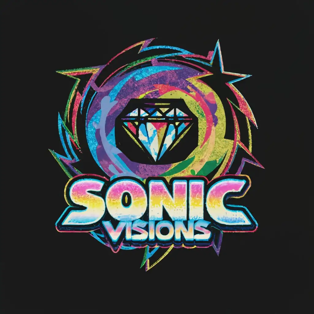 a logo design,with the text 'Sonic Visions', main symbol:fractured black hole hurricane diamond heart, psychedelic, galaxy, illustrated, sonic the hedgehog font,complex,be used in Entertainment industry,clear background