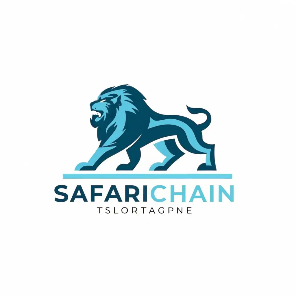 logo, strong lion for logo in blue with the text "SafariChain" and transparent background, with the text "SafariChain", typography, be used in Sports Fitness industry, no slogan