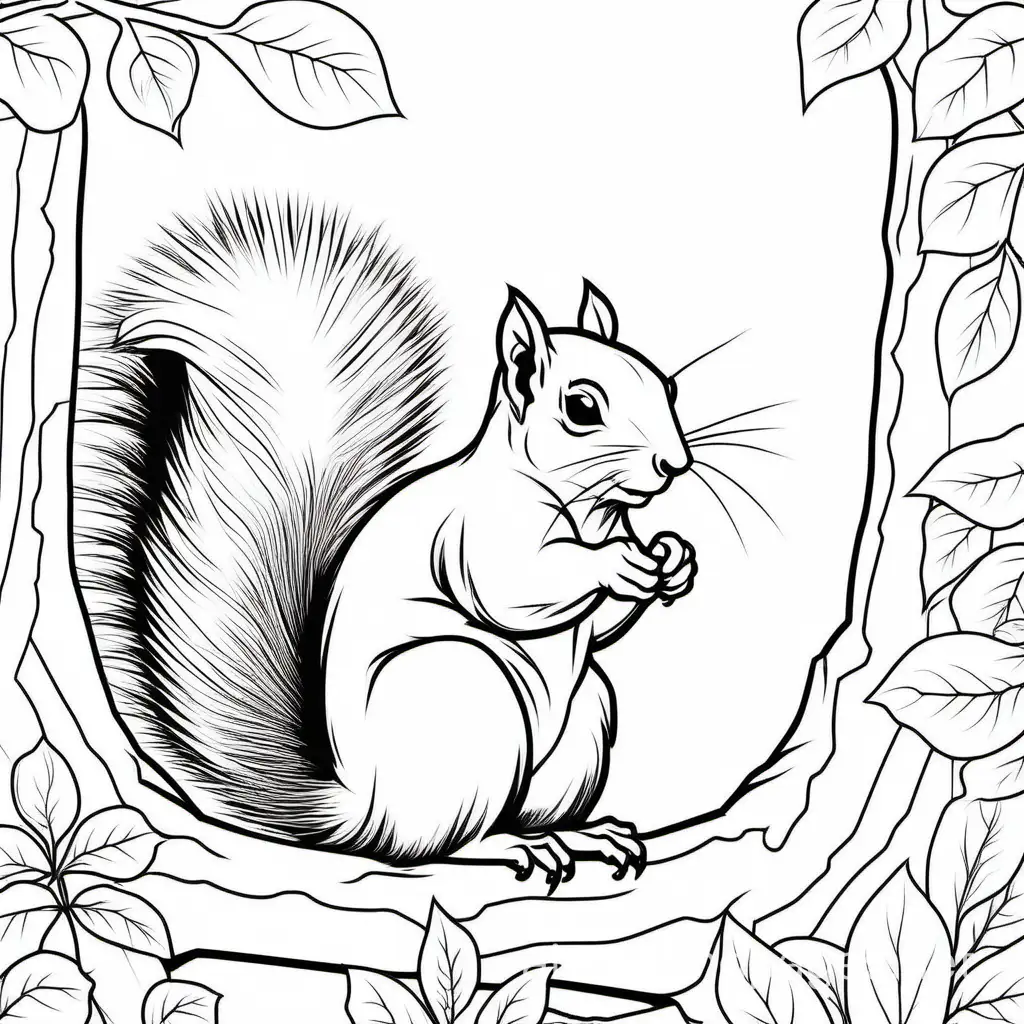 Gray squirrel, Coloring Page, black and white, line art, white background, Simplicity, Ample White Space. The background of the coloring page is plain white to make it easy for young children to color within the lines. The outlines of all the subjects are easy to distinguish, making it simple for kids to color without too much difficulty