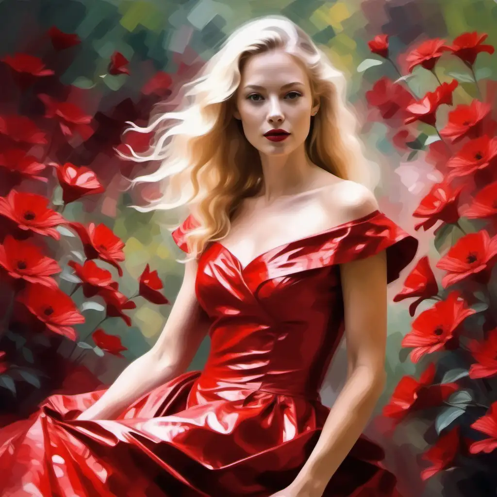 Elegant Lady in Deep Red Dress Painterly Impressionistic Art with Red Floral Accents