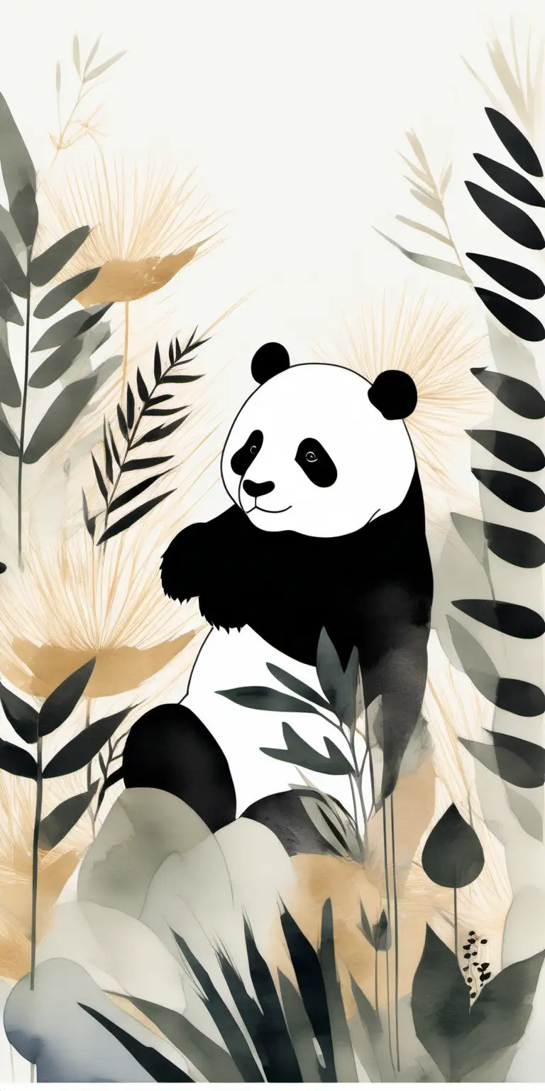 Minimalist Japandi art piece, embodying a harmonious blend of Japanese and Scandinavian aesthetics featuring panda bears, surrounded by various plant motifs including wildflowers. Visible brush strokes, neutral shapes on white background. Emphasize thick, deliberate lines for a minimalistic and clean look. Incorporate muted tones in a watercolor style, with a composition of stripes and shapes. The artwork should demonstrate juxtaposed elements, showcasing a clever use of negative space to create balance and serenity. The overall feel should be calming and refined, capturing the essence of both Japanese simplicity and Scandinavian functionality in a gallery art setting.