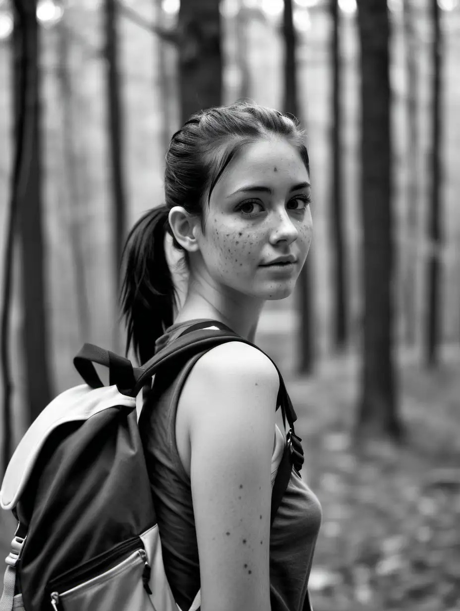 black and white, photo, 35mm, dof, natural, 26 year old woman wearing a backpack, no makeup and freckles, dark hair in a pony tail with forest in the back ground, seductive face,