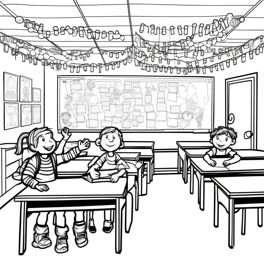 The classroom in Schoolington buzzes with excitement as the kids look around, observing decorations hanging from the ceiling. Colorful paper chains adorn the walls, each link representing one day of their learning adventure. Capture the vibrant atmosphere with animated characters noticing the delightful decorations. Artwork, mixed media collage with playful textures and dynamic composition,, Coloring Page, black and white, line art, white background, Simplicity, Ample White Space. The background of the coloring page is plain white to make it easy for young children to color within the lines. The outlines of all the subjects are easy to distinguish, making it simple for kids to color without too much difficulty