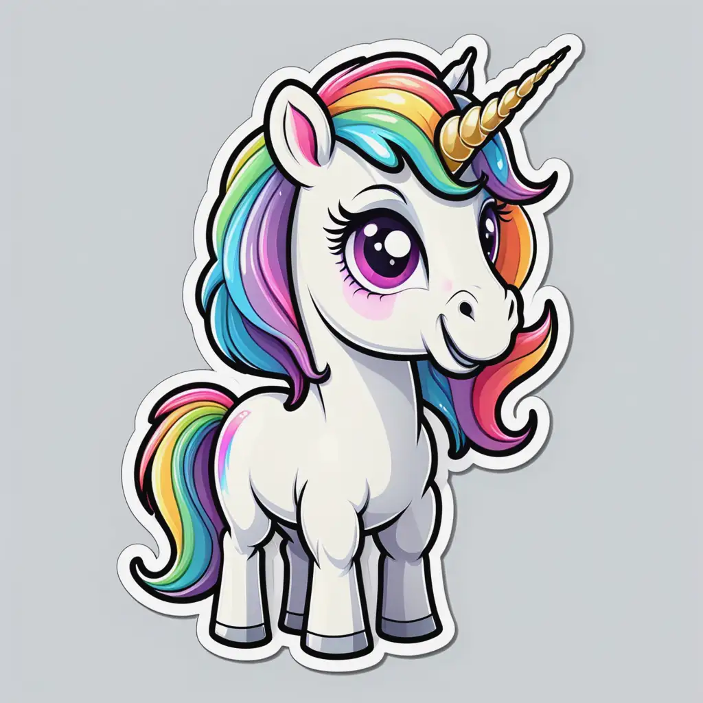 a sticker of pony unicorn, 2d vector art, minimalistic, simple, funny, for girls, white borders, contour, white background, --no errors, deformations, deformed parts