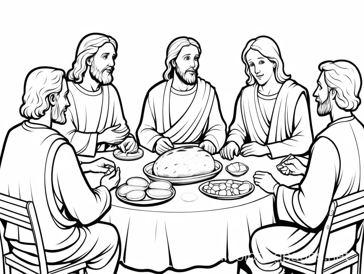 Disciples seated around the table, engaged in conversation with Jesus, breaking bread Coloring Page, black and white, line art, white background, Simplicity, Ample White Space. The background of the coloring page is plain white to make it easy for young children to color within the lines. The outlines of all the subjects are easy to distinguish, making it simple for kids to color without too much difficulty
, Coloring Page, black and white, line art, white background, Simplicity, Ample White Space. The background of the coloring page is plain white to make it easy for young children to color within the lines. The outlines of all the subjects are easy to distinguish, making it simple for kids to color without too much difficulty