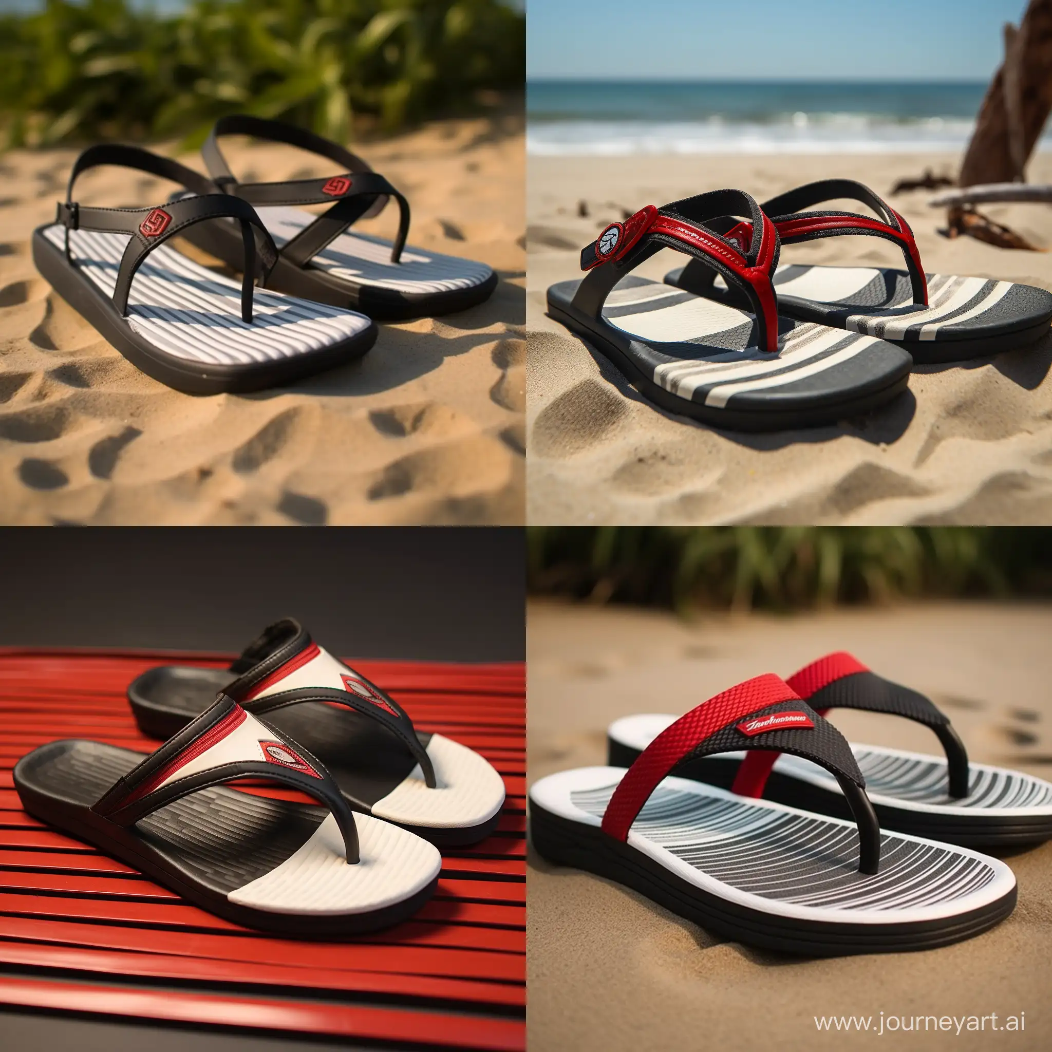 Flip flop like Brazilian Havaianas with sole in white and stripes in black with a small piece in red like in the jiu jitsu black belt