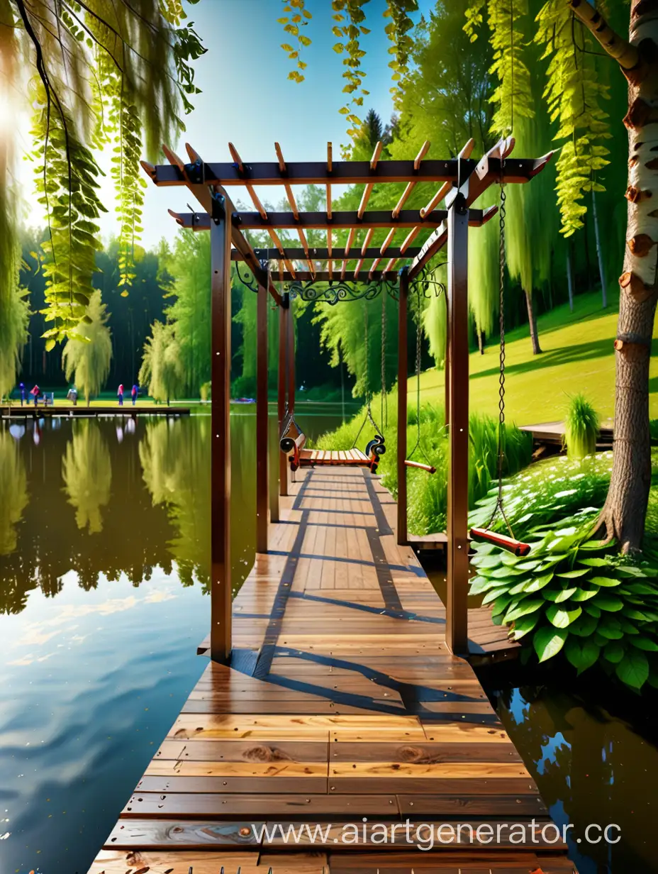 Tranquil-Forest-Lake-Promenade-with-Wooden-Swings-and-Pergolas